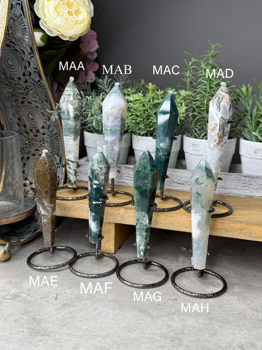 Moss Agate Wands on Stands