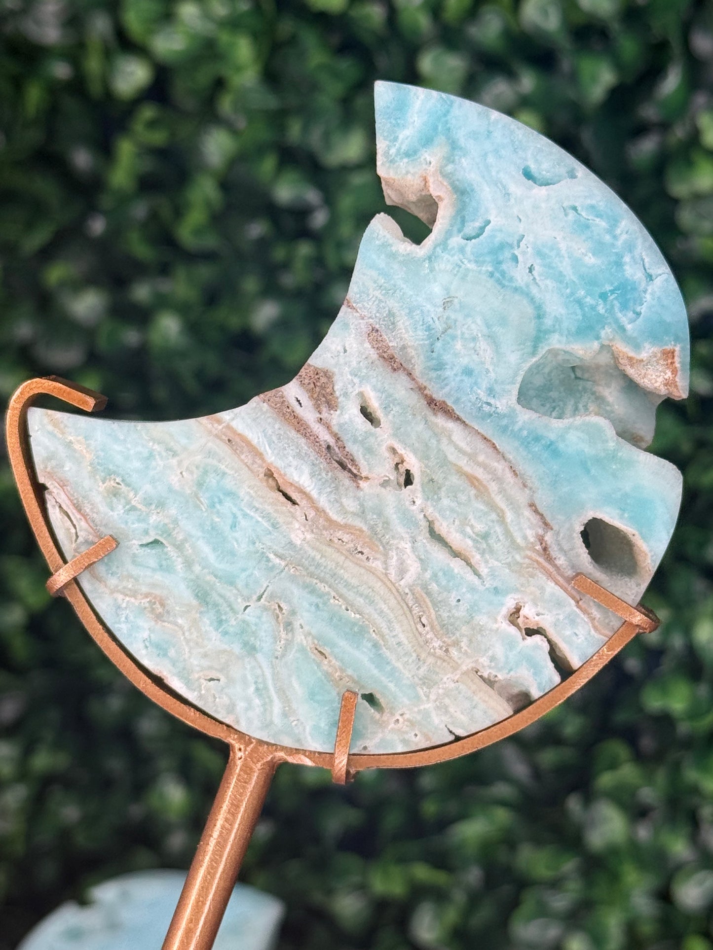 Blue Aragonite Crystal Moon Carvings with Custom Stands