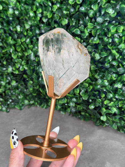 Green Actinolite Rutile in Quartz with Custom Gold Stand - Brazil
