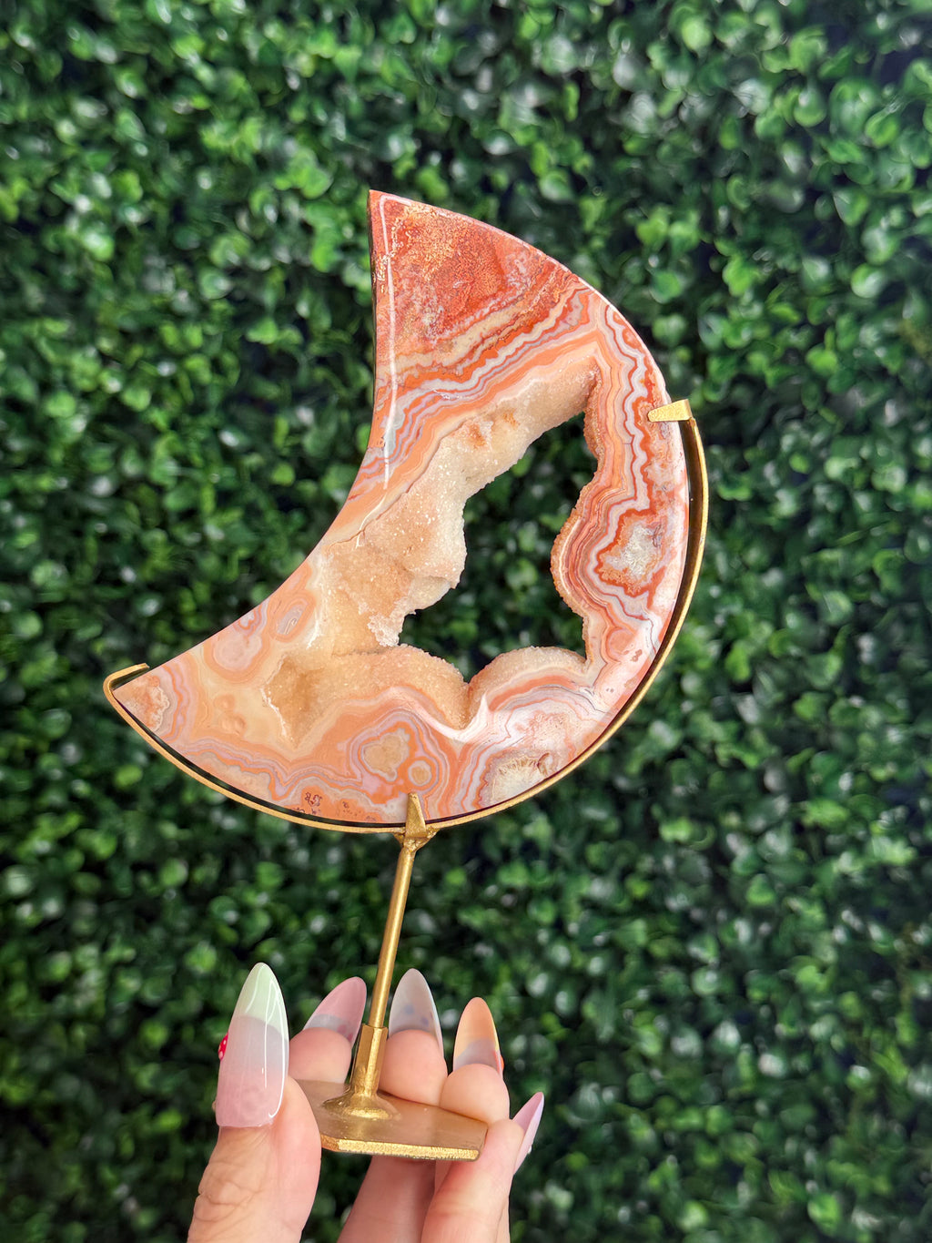 Pink Crazy Lace Agate Moon Crystal Carving - Indonesia
