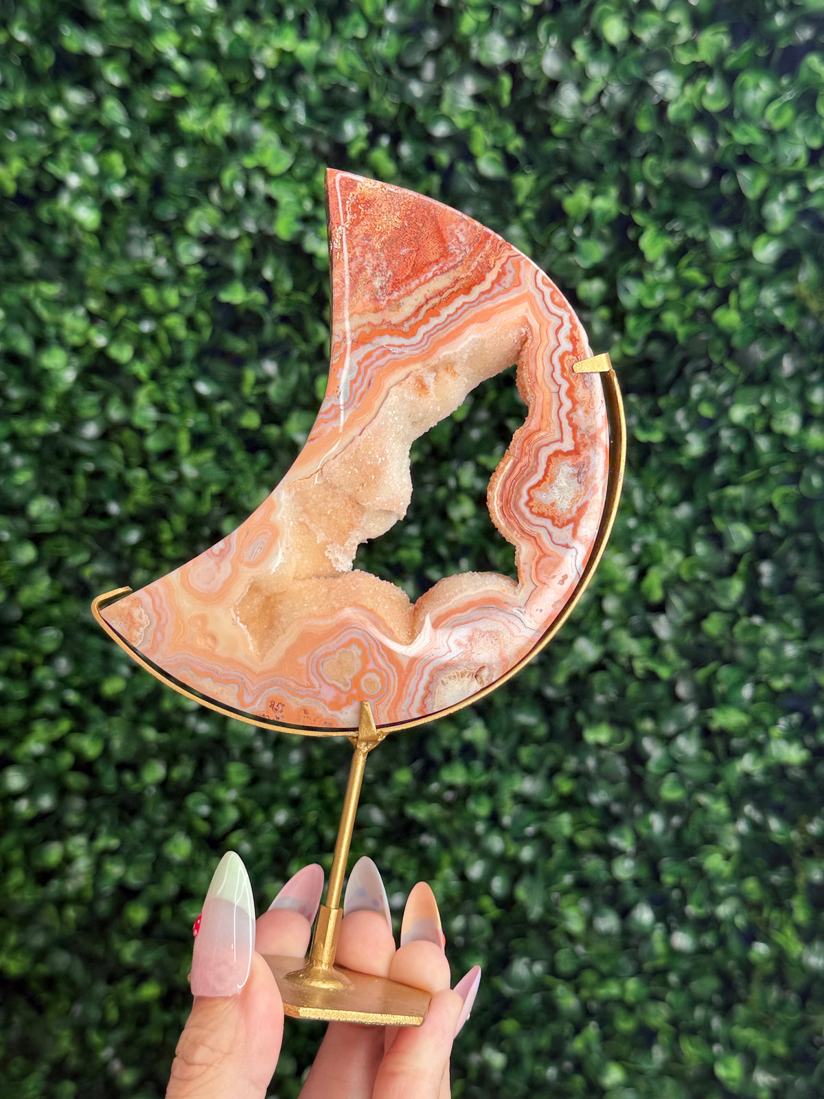 Pink Crazy Lace Agate Moon Crystal Carving - Indonesia
