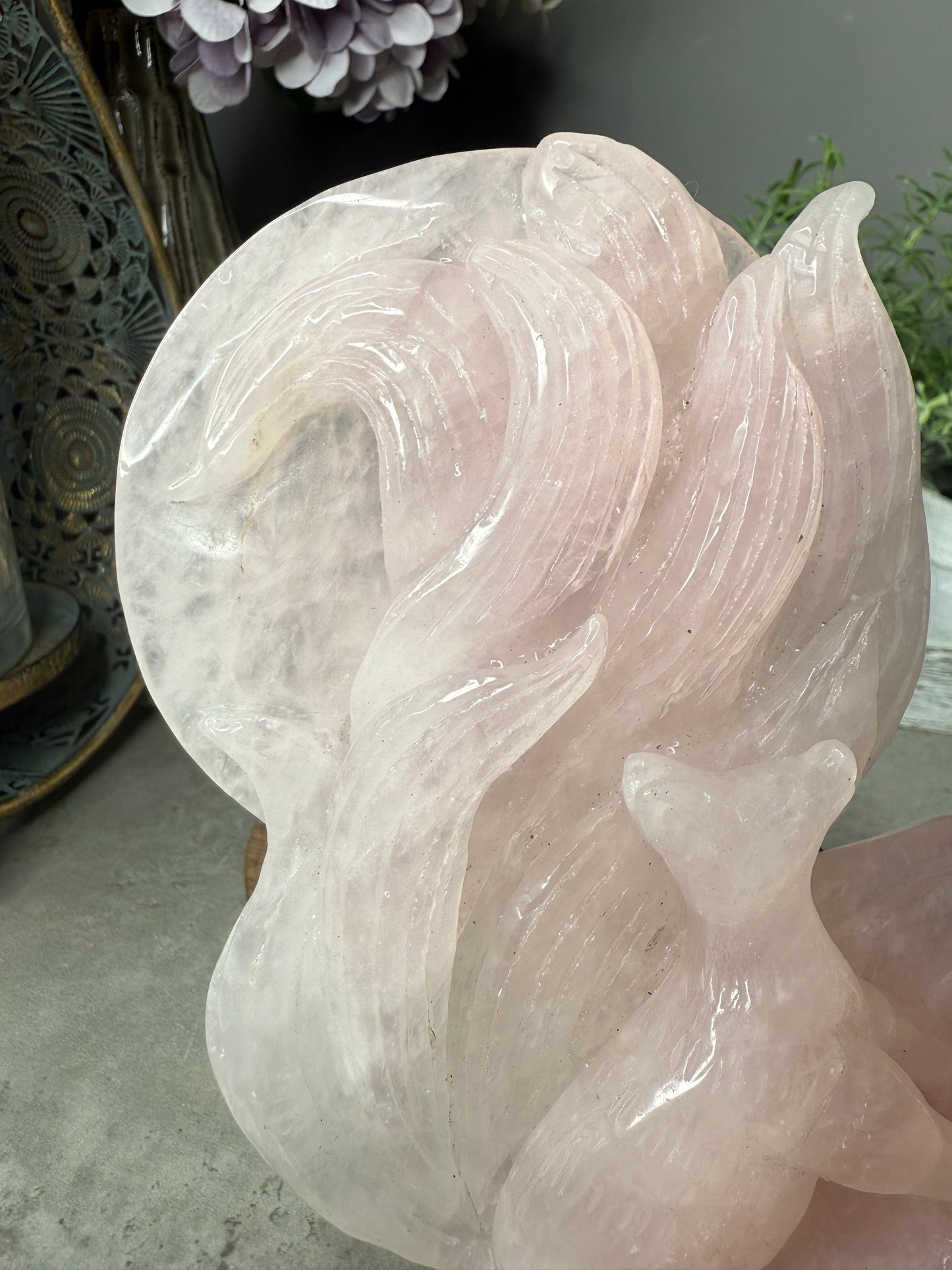 Rose Quartz Nine-Tailed Fox & Moon Carving