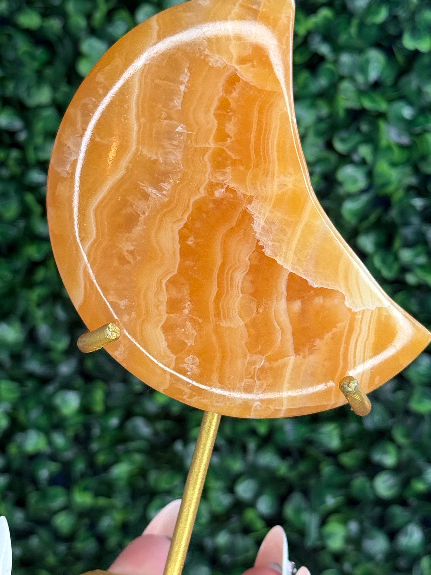Orange Calcite Moon with Custom Gold Stand from India Q