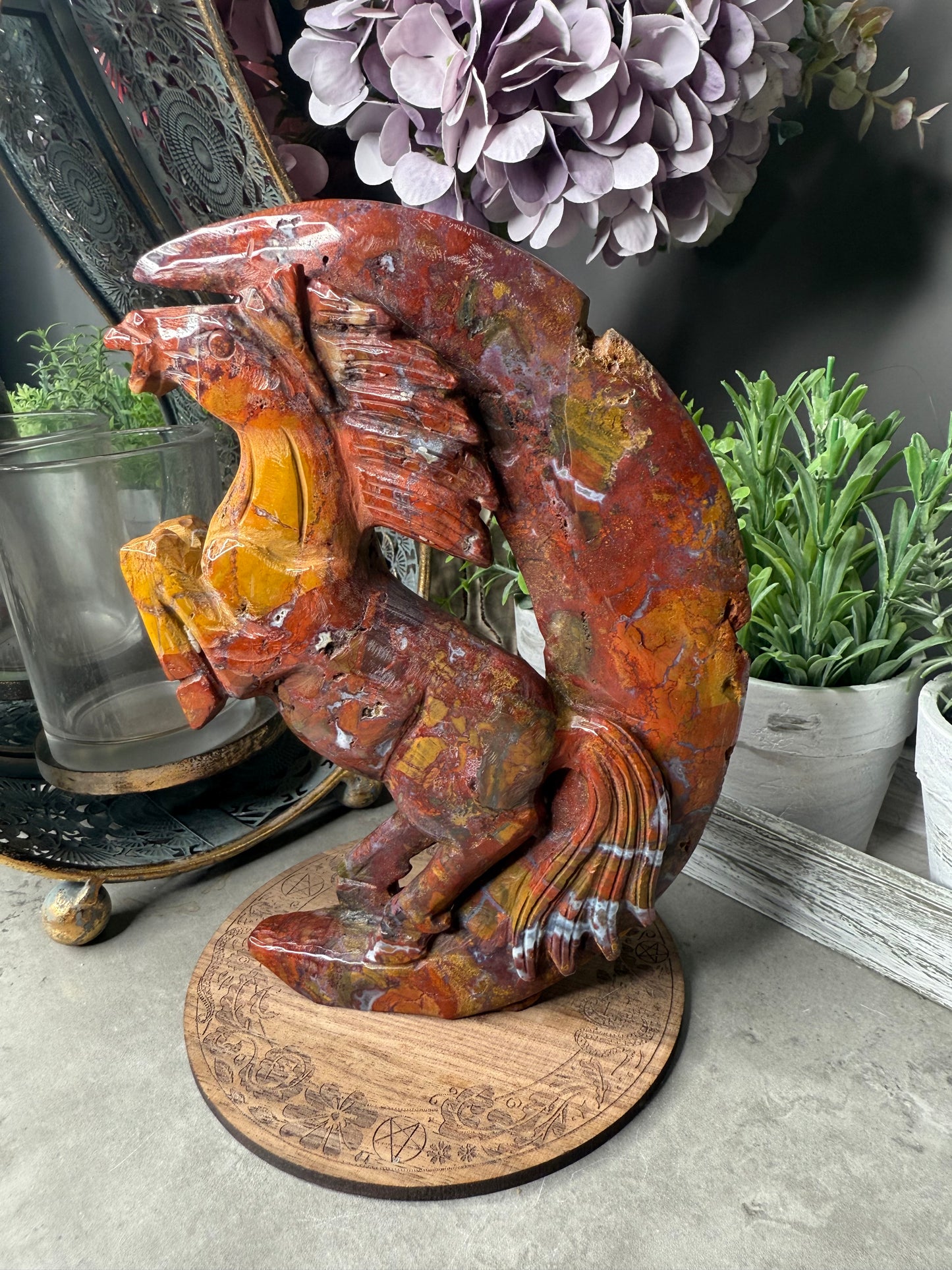 Ocean Jasper Rearing Horse & Moon Carving