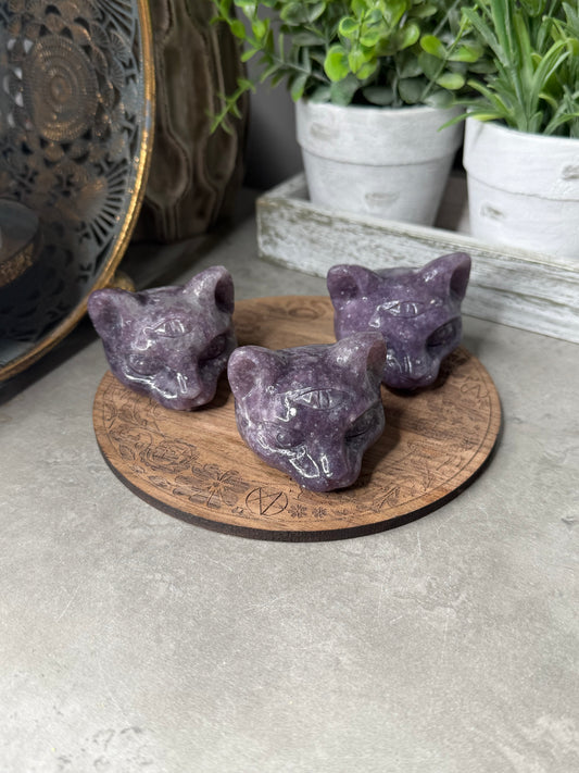 Three Eyed Lepidolite Cat Crystal Carvings