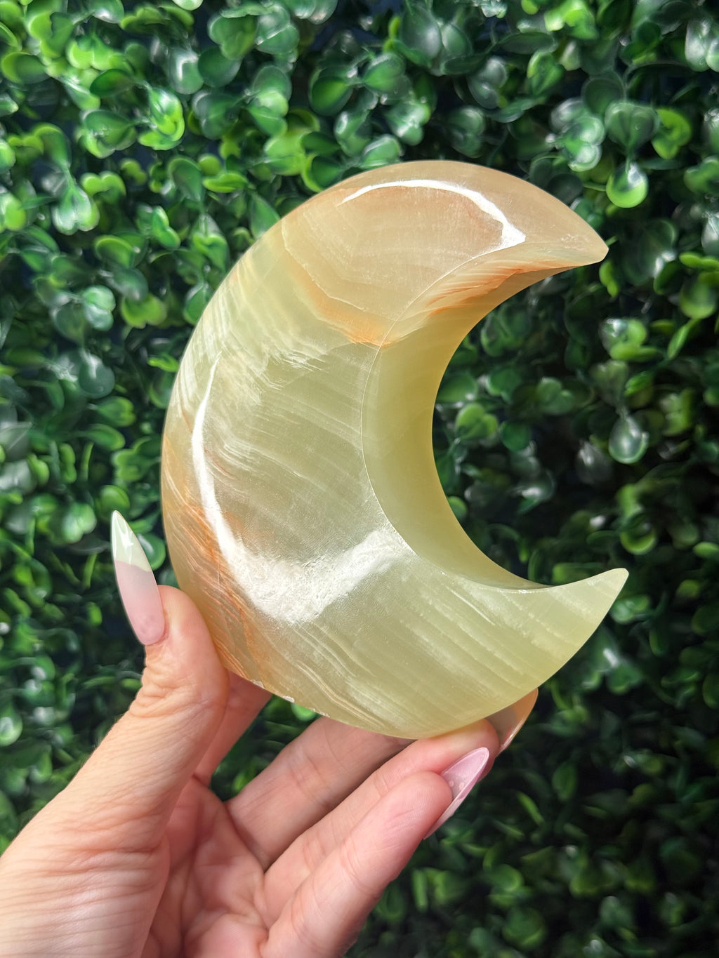 Green Banded Onyx Standing Moon Crystal Carving - Pakistan - B