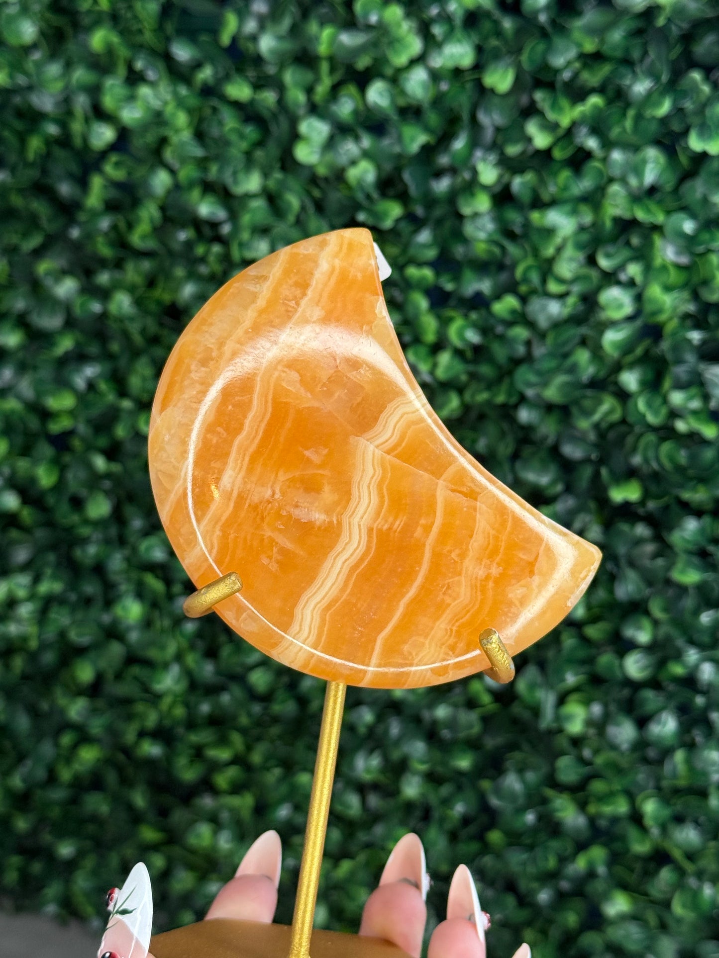 Orange Calcite Moon with Custom Gold Stand from India V