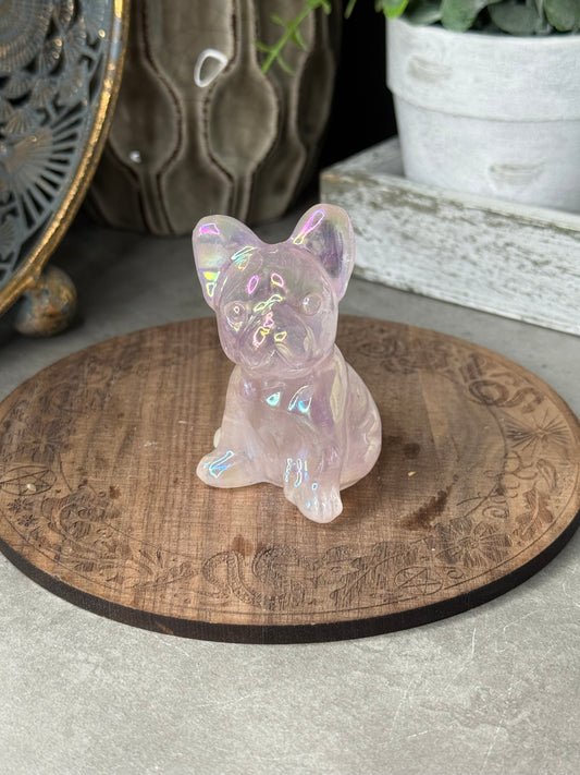 Aura Coated Rose Quartz French Bulldog Crystal Carvings
