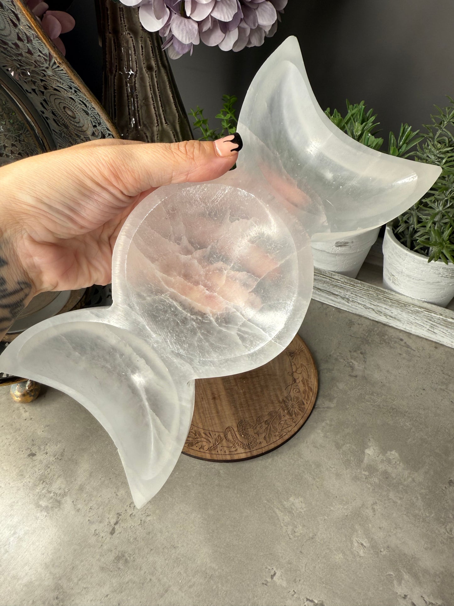 Triple Moon Selenite/Satin Spar Large Crystal Tray Witchcraft Alter