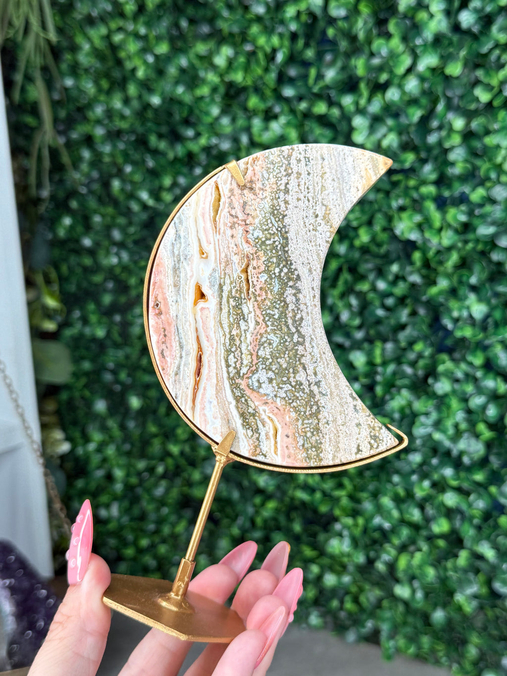 Pink Ocean Jasper moon Crystal carving from Indonesia