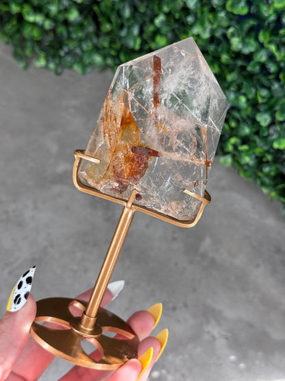Golden Rutile in Quartz with Custom Gold Stand - Brazil