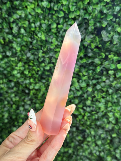 Pink Jelly Agate Obelisk Tower Crystal Carving - A 111g