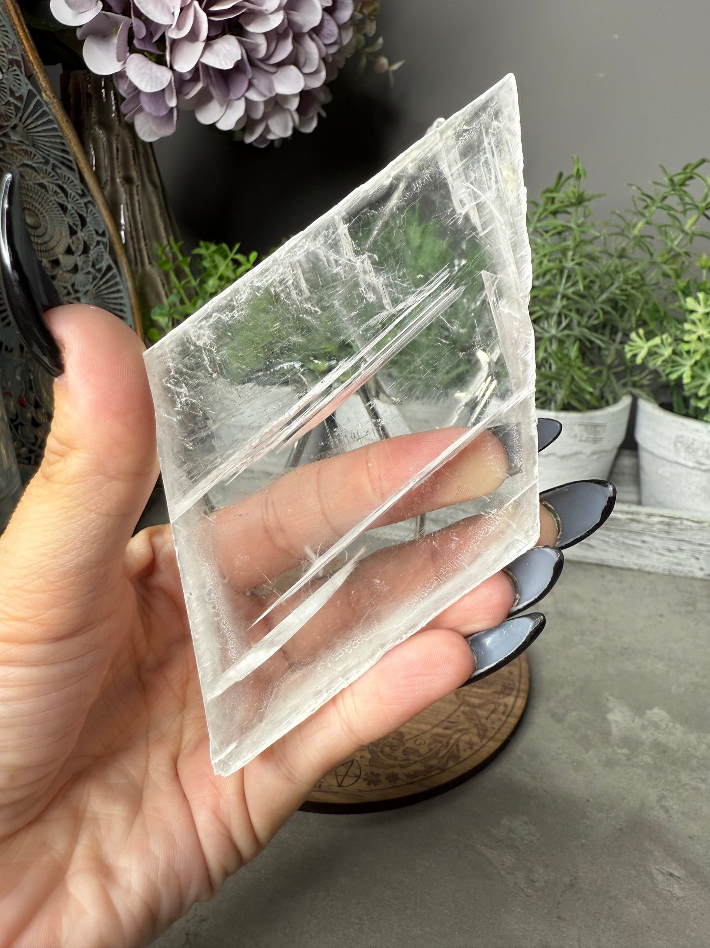 Selenite Rhombus Crystal on Silver Stand