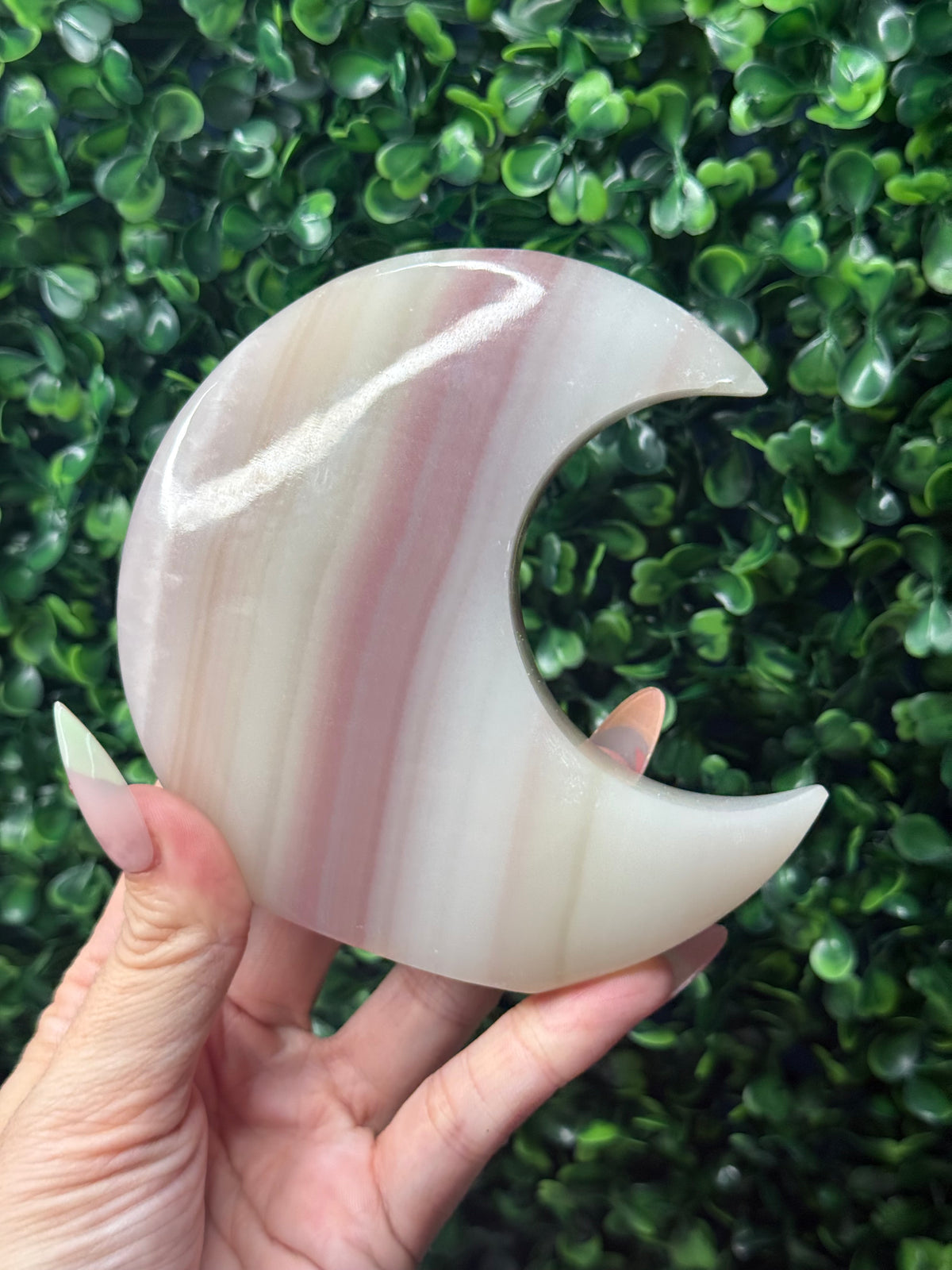 Pink Banded Onyx Standing Moon Crystal Carving - Pakistan - B