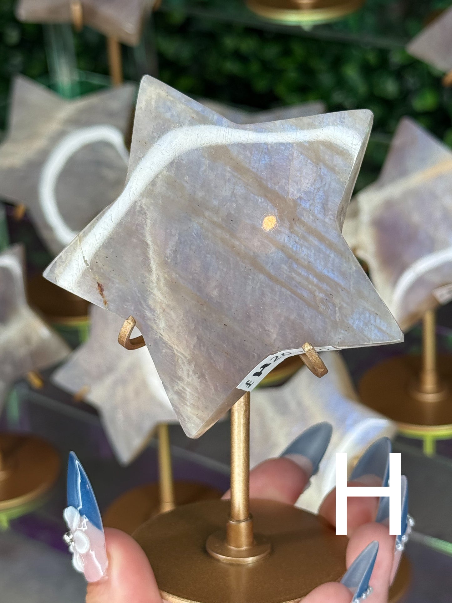 Moonstone Star Carving with Gold Stand – Choose Your Piece (60g–119g)