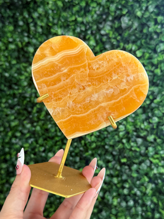 Orange Calcite Heart with Custom Gold Stand from India W