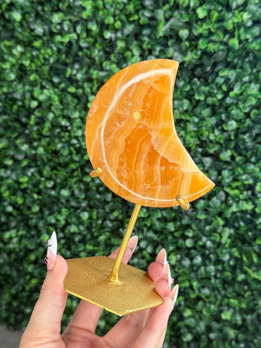 Orange Calcite Moon with Custom Gold Stand from India Q
