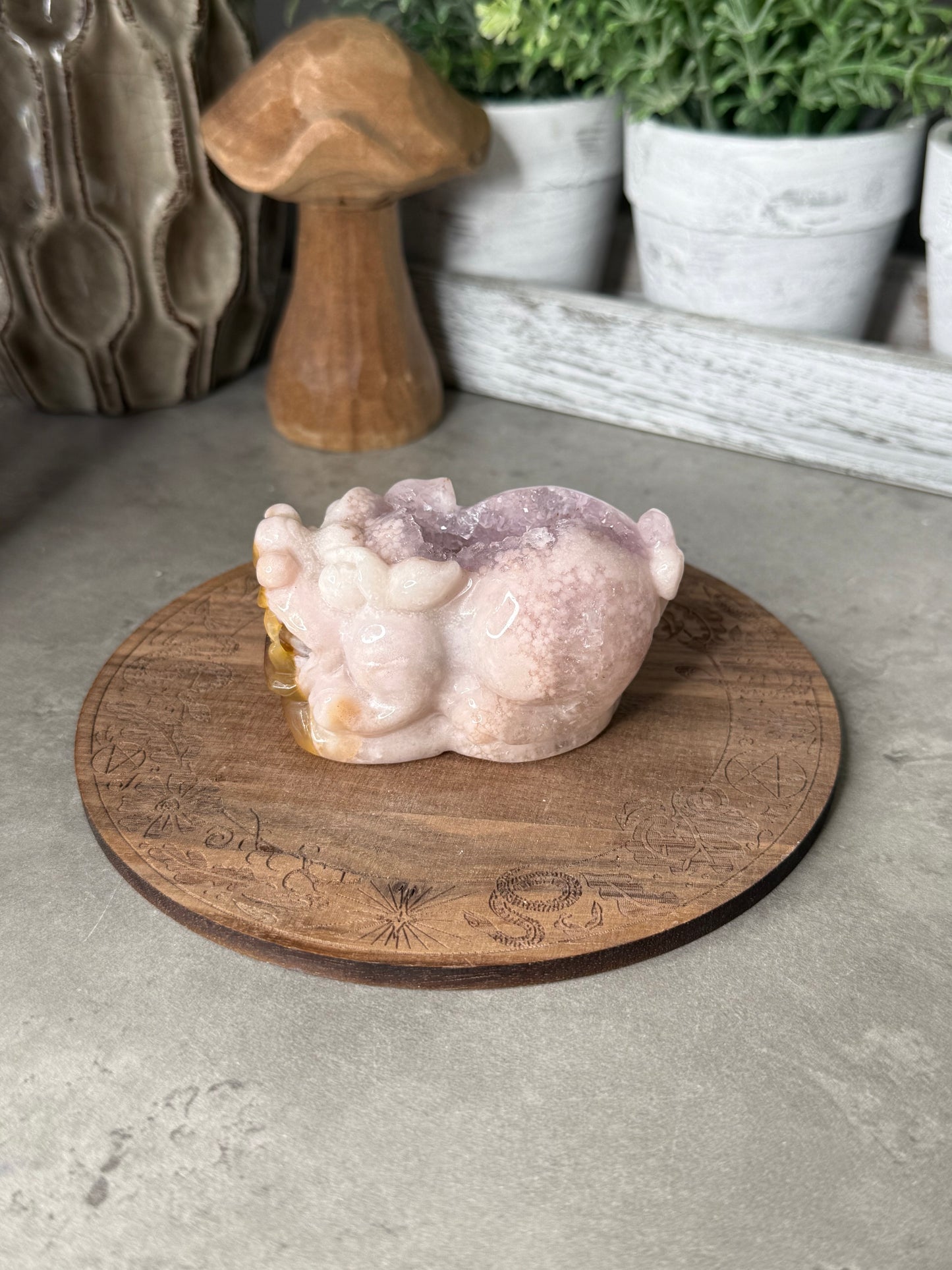 Pink Amethyst Druzy Handcarved Pixiu Crystal Carving Extremely Detailed
