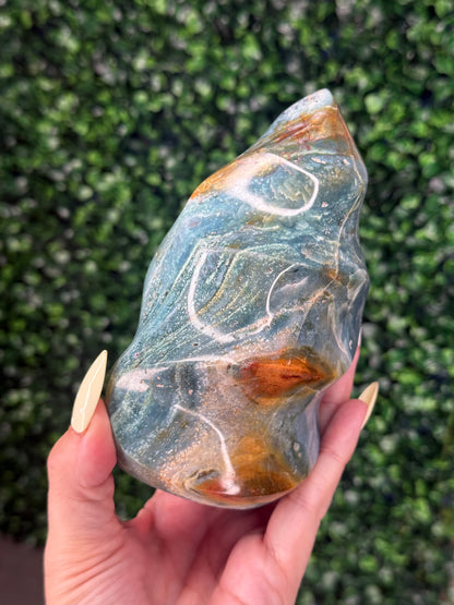 Blue Ocean Jasper Polished Flame Crystal Carvings - 827g