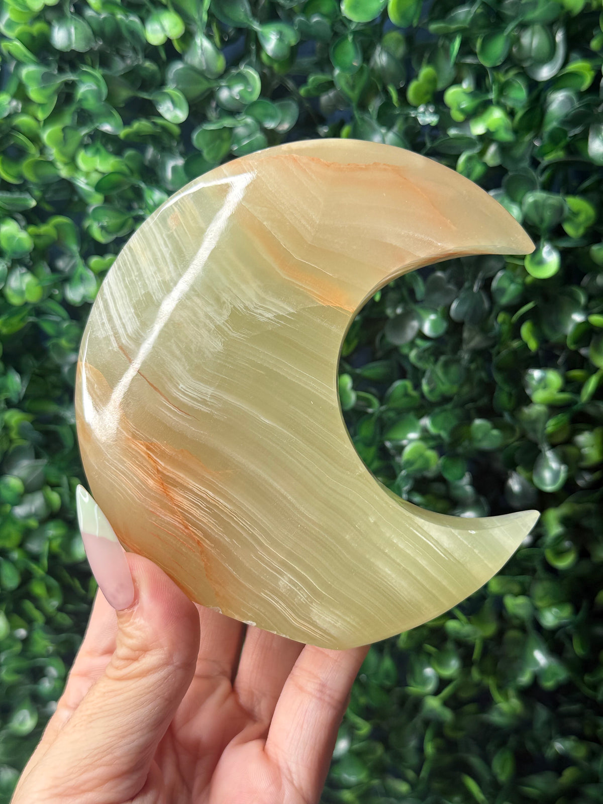 Green Banded Onyx Standing Moon Crystal Carving - Pakistan - A