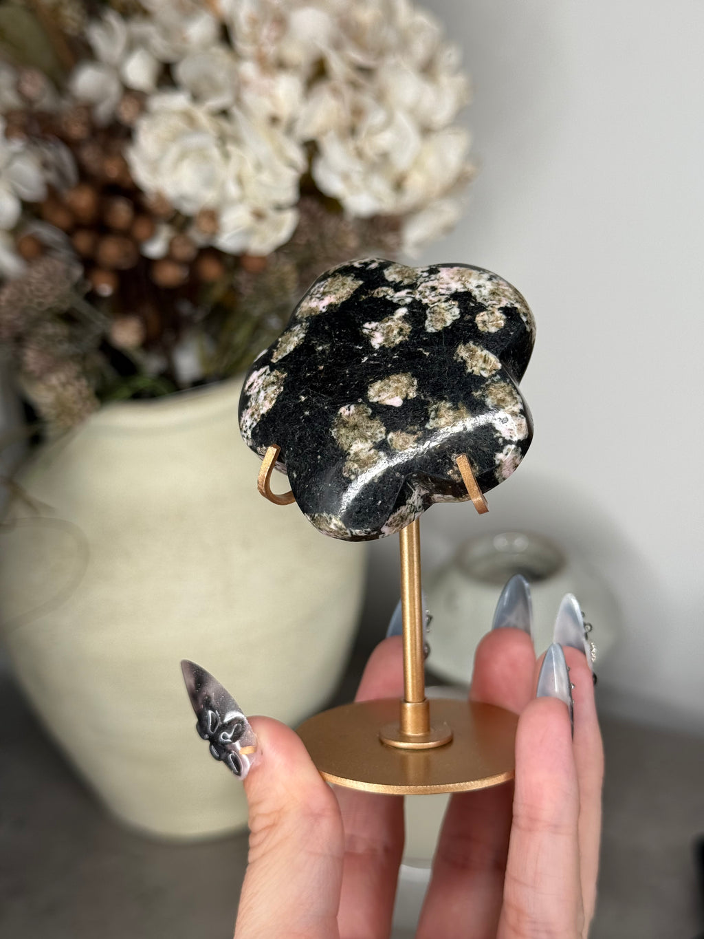 Snowflake Obsidian Flower with Gold Stand