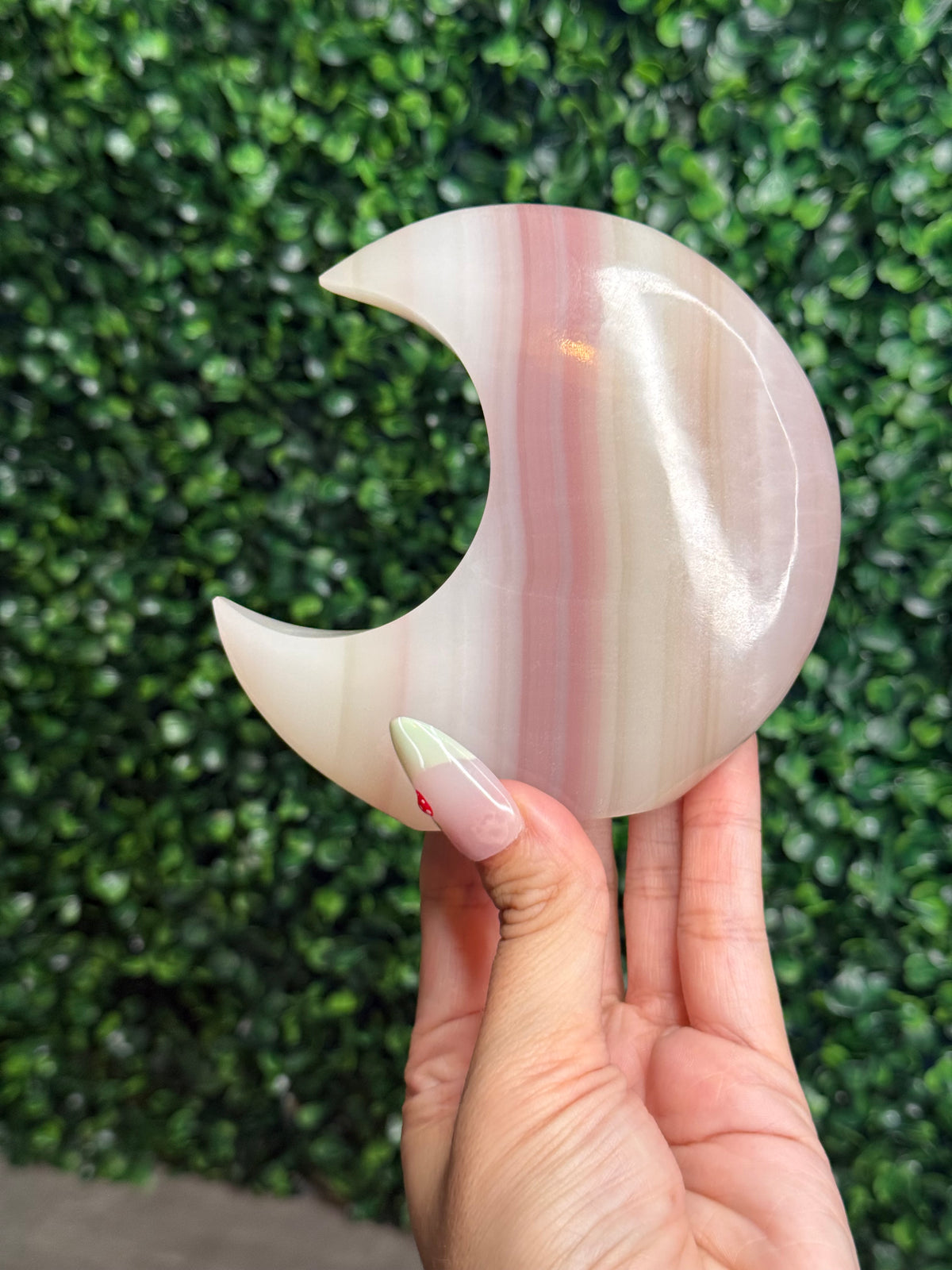 Pink Banded Onyx Standing Moon Crystal Carving - Pakistan - A