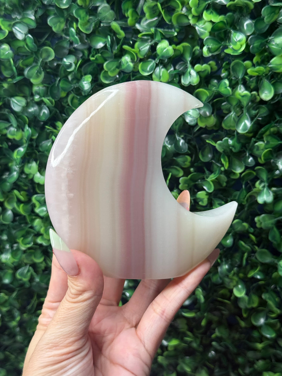 Pink Banded Onyx Standing Moon Crystal Carving - Pakistan - B