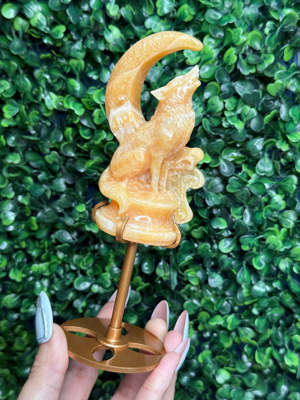Orange Calcite Wolf & Moon Crystal Carving