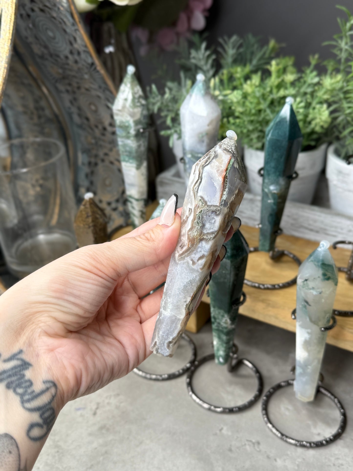 Moss Agate Wands on Stands