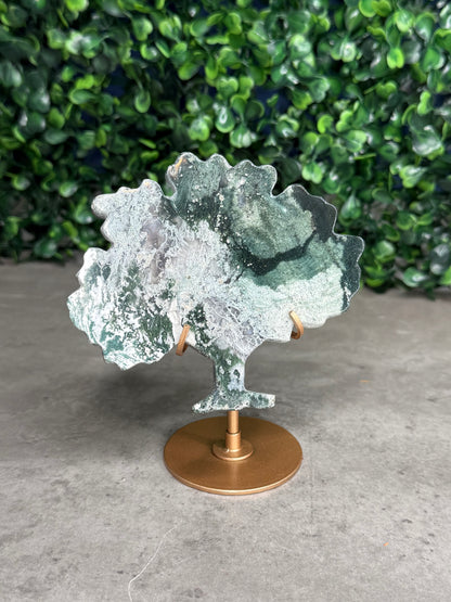 Green Jasper Family Tree Carving with Gold Stand – Indonesia