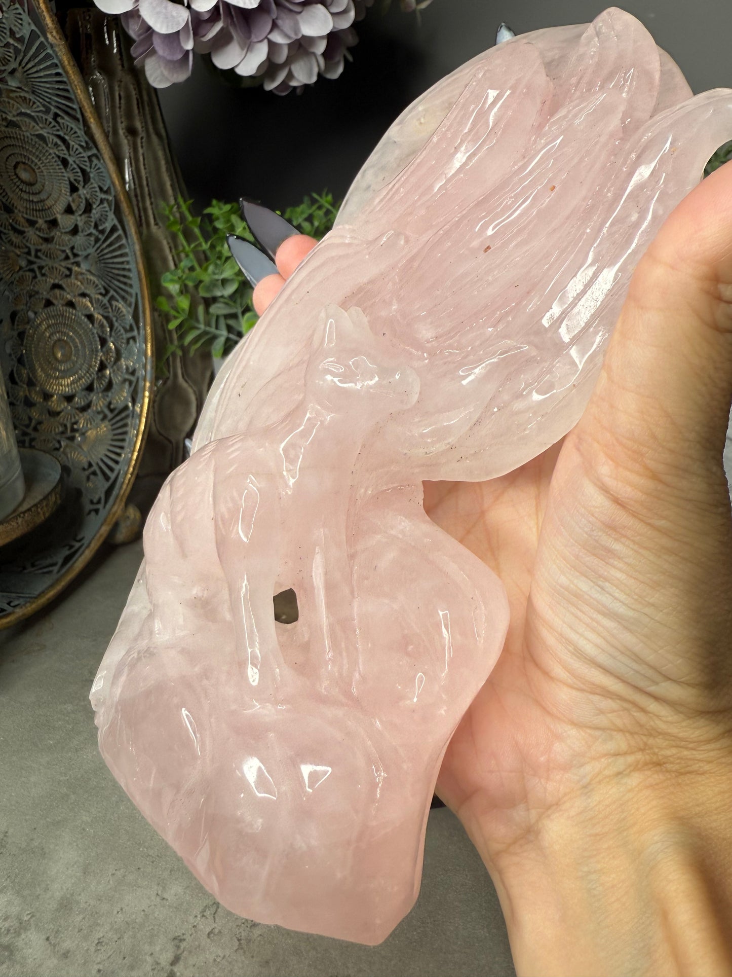 Rose Quartz Nine-Tailed Fox & Moon Carving