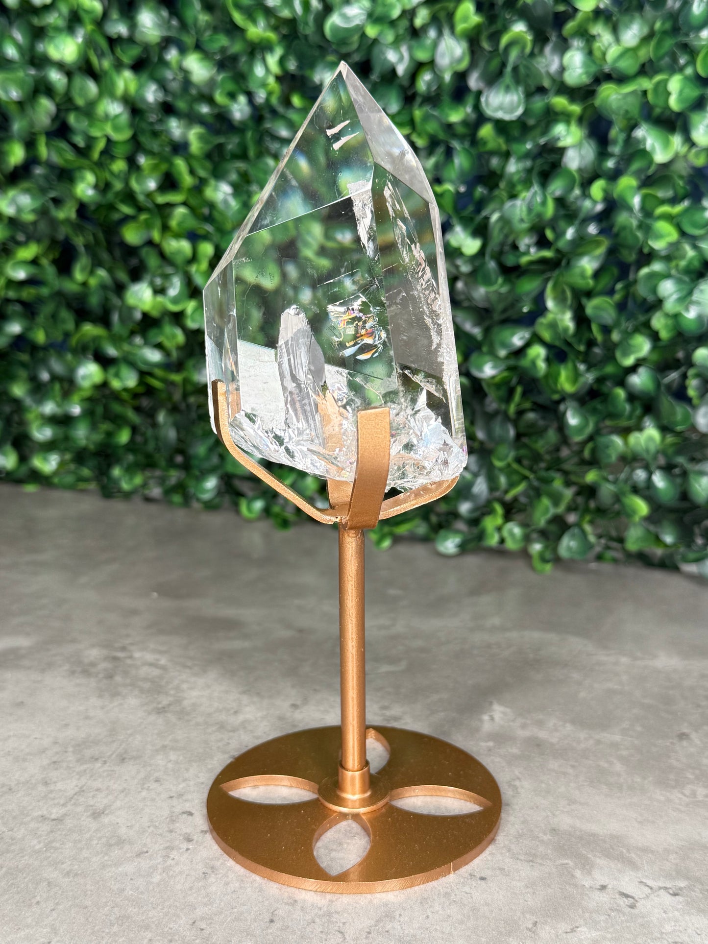 Brazilian Clear Quartz Freeform on Gold Stand — Rainbow Inclusions