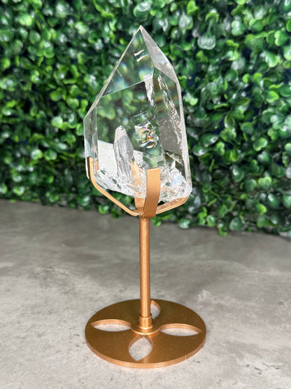 Brazilian Clear Quartz Freeform on Gold Stand — Rainbow Inclusions