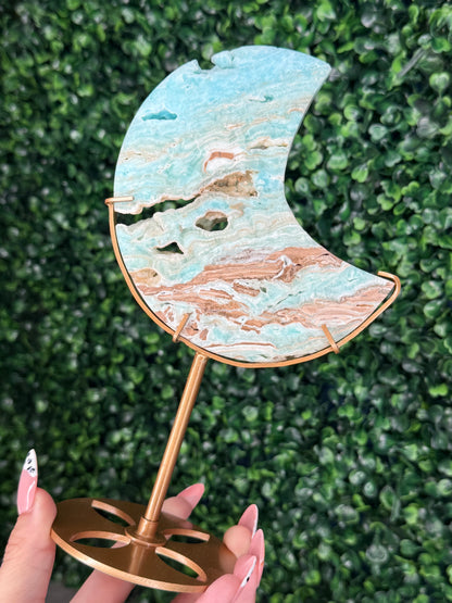 Blue Aragonite Crystal Moon Carvings with Custom Stands
