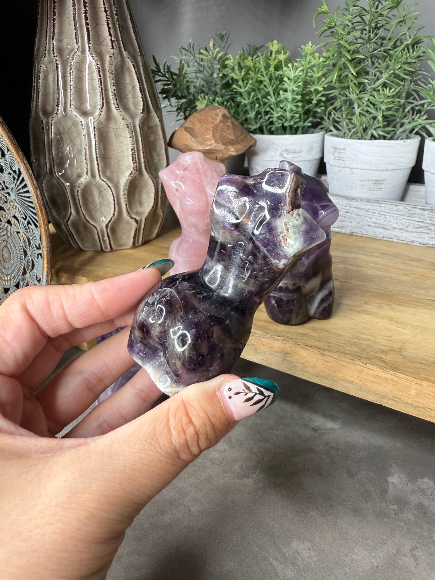 Rose Quartz & Amethyst Goddess Crystal Carvings