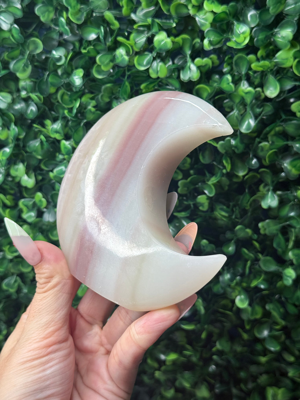 Pink Banded Onyx Standing Moon Crystal Carving - Pakistan - B