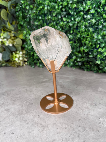 Green Actinolite Rutile in Quartz with Custom Gold Stand - Brazil
