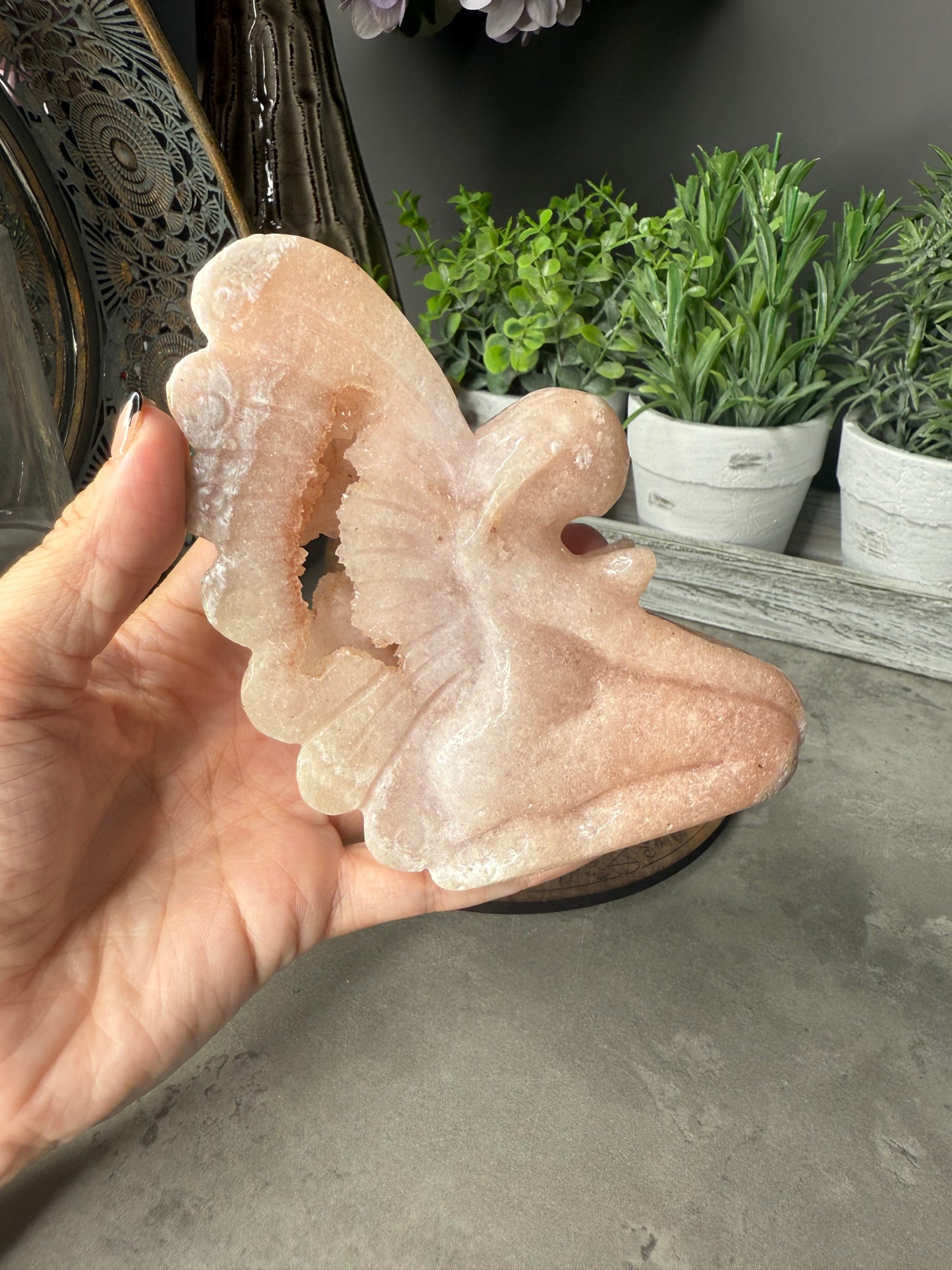 Pink Amethyst Sitting Fairy Crystal Carving with Druzy - 119g