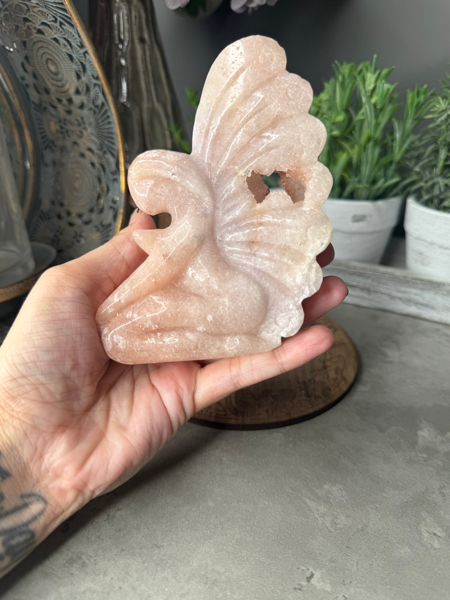 Pink Amethyst Sitting Fairy Crystal Carving with Druzy - 119g