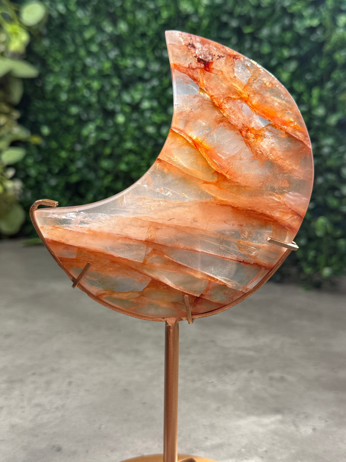 HQ Fire Quartz Moon Crystal Carvings with gold stand