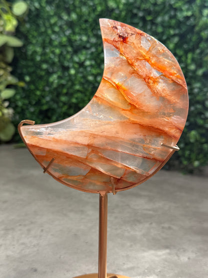 HQ Fire Quartz Moon Crystal Carvings with gold stand