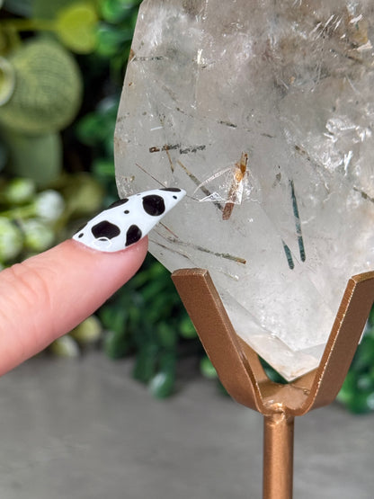 Green Actinolite Rutile in Quartz with Custom Gold Stand - Brazil