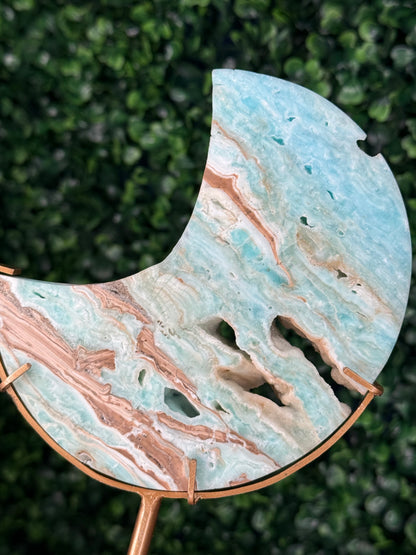 Blue Aragonite Crystal Moon Carvings with Custom Stands