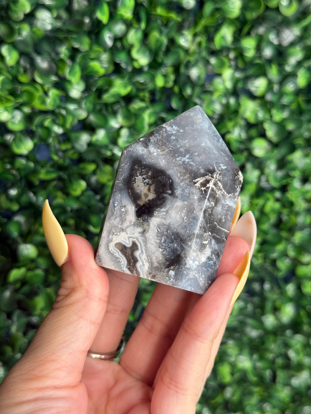 Blue Plume Agate Heart Tower Carving from Indonesia J