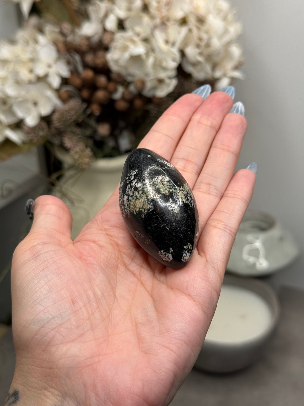Snowflake Obsidian Shiva Palmstone Crystal Carving