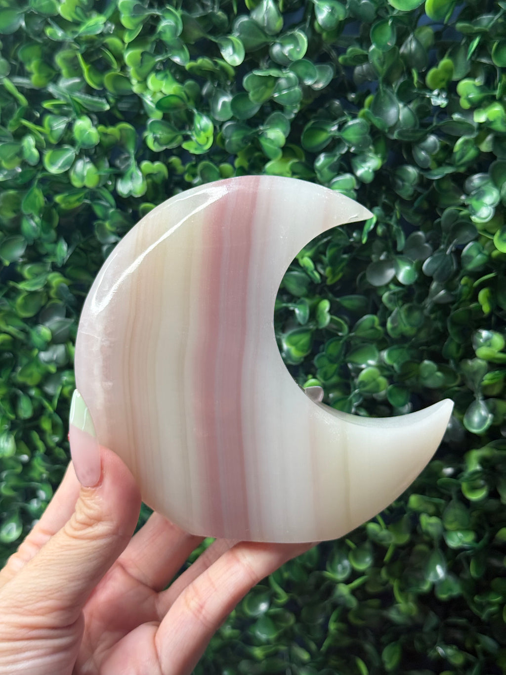 Pink Banded Onyx Standing Moon Crystal Carving - Pakistan - B