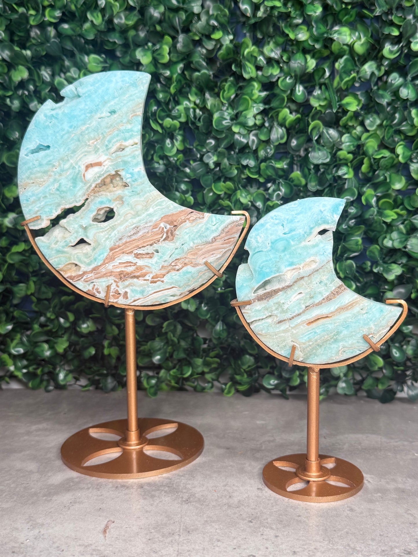 Blue Aragonite Crystal Moon Carvings with Custom Stands