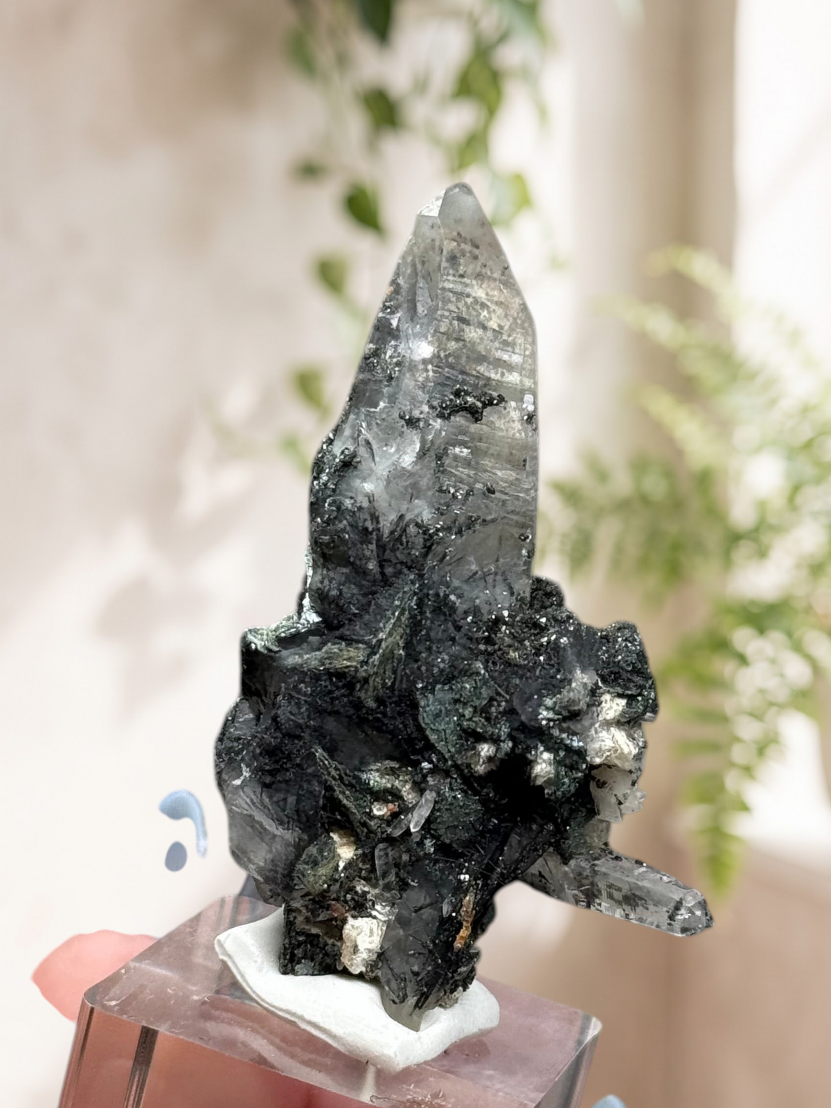 Crystal Glade laser quartz specimen from Pakistan featuring a long, slender, clear crystal point on a display stand.