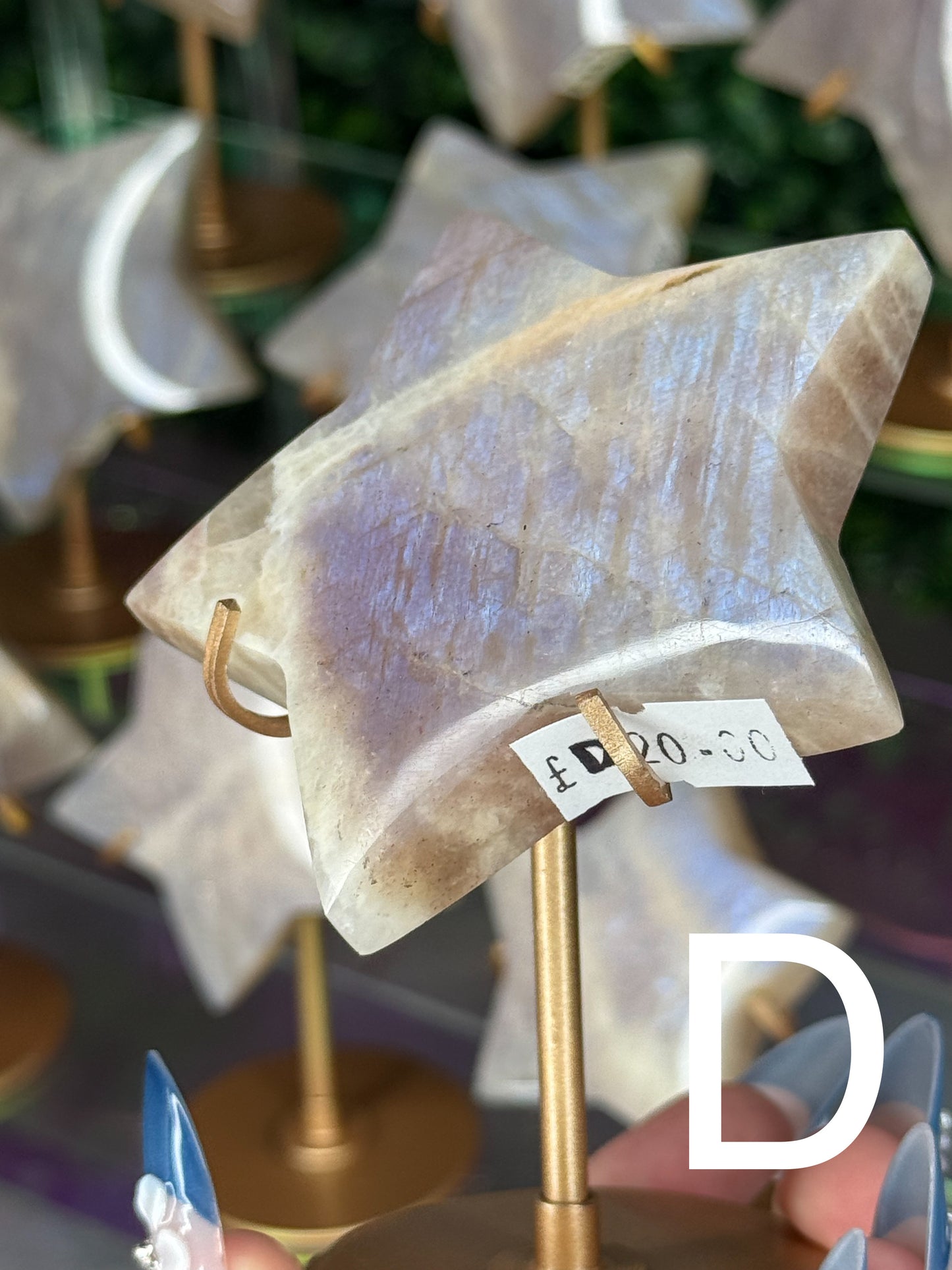 Moonstone Star Carving with Gold Stand – Choose Your Piece (60g–119g)