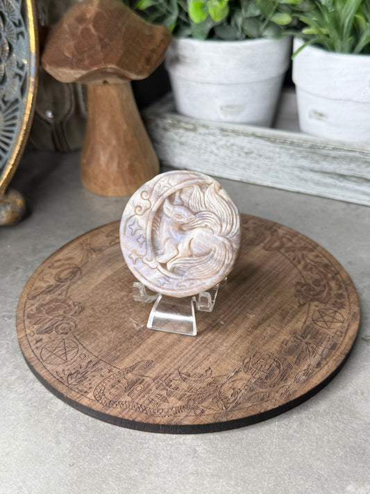 Hand carved Moonstone Nine Tailed Fox and Moon Crystal Carving with Stand - 27g